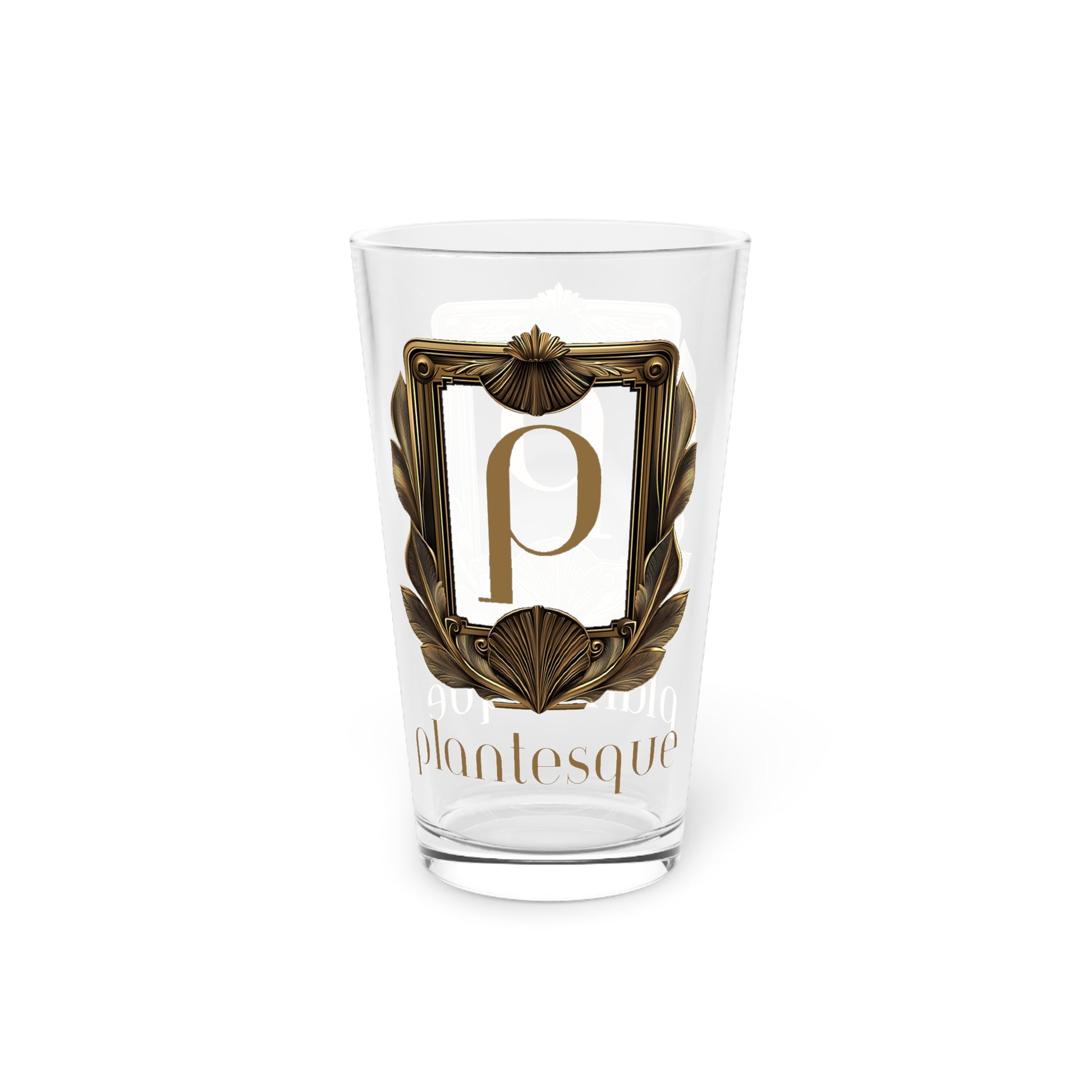 Clear glass with gold decorative emblem and 'Plantesque' branding on a white background