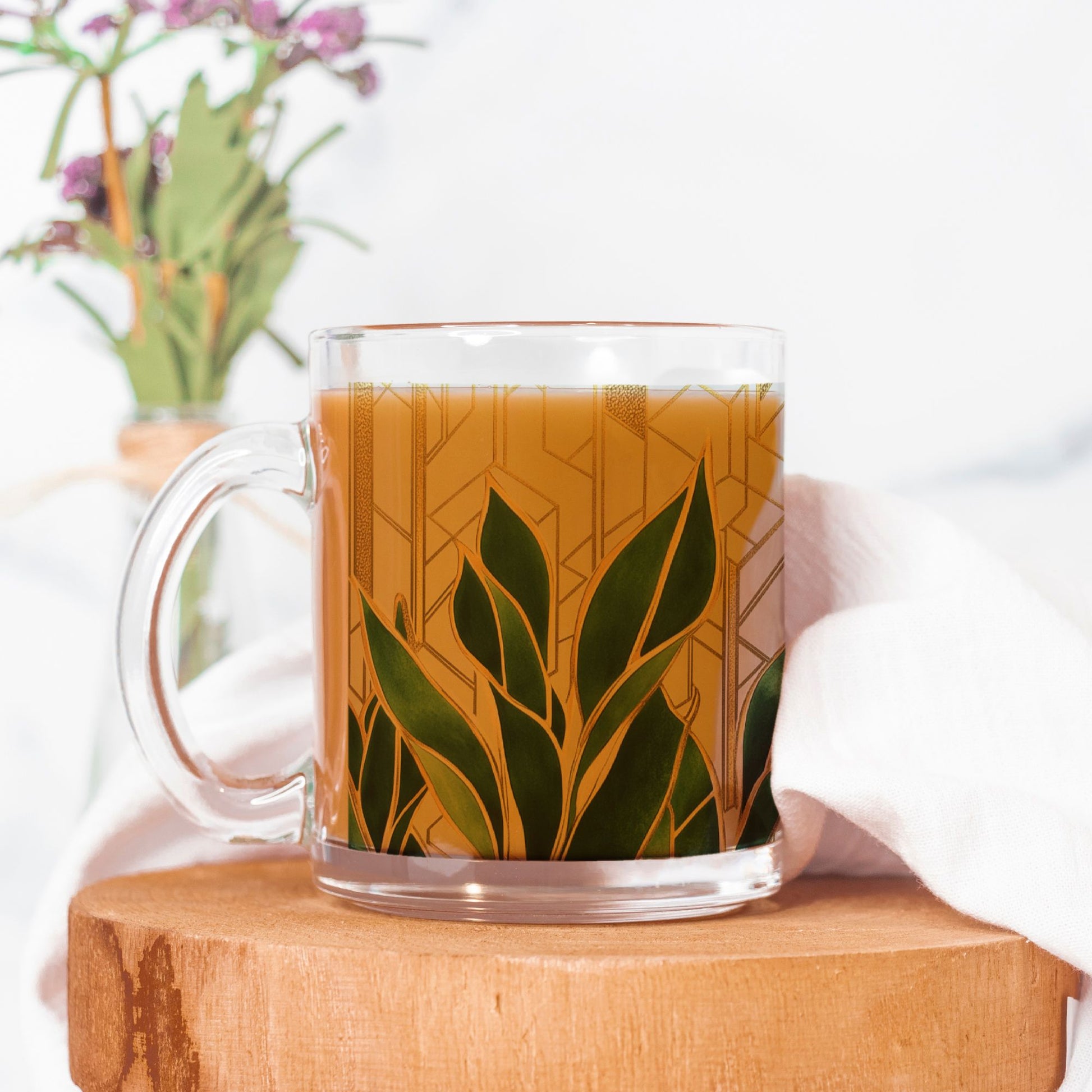 "Green Leaf" Glass Mug